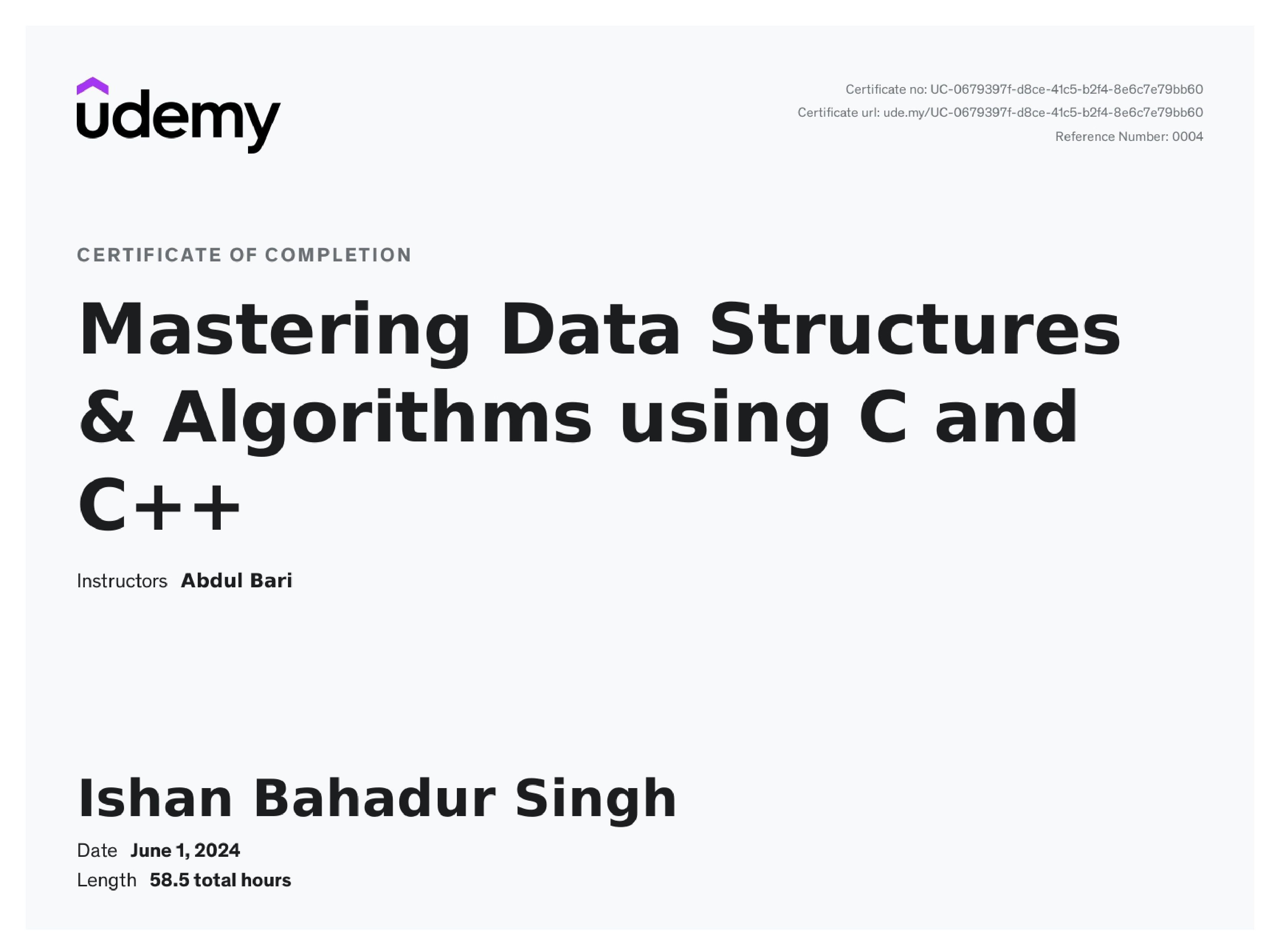 Data Structure and Algorithm certificate