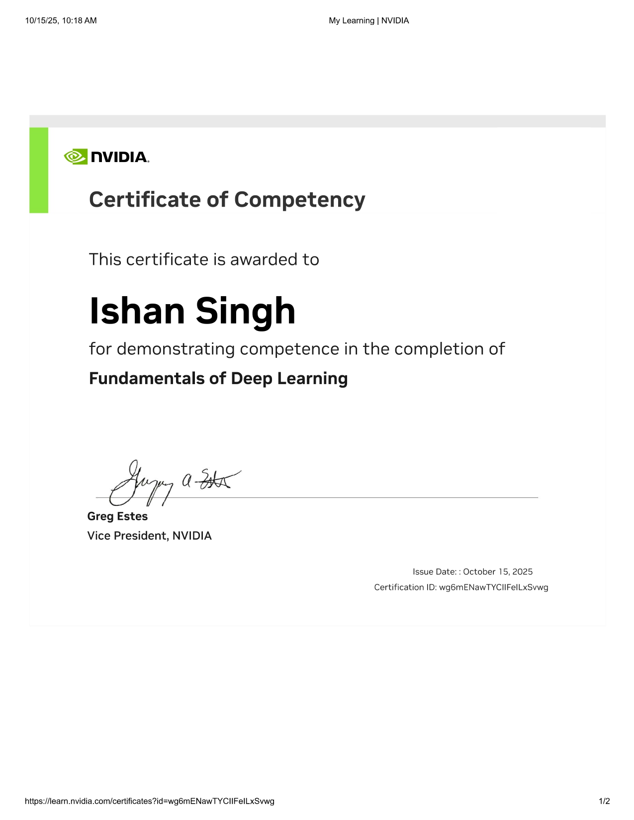 Fundamentals of Deep Learning certificate
