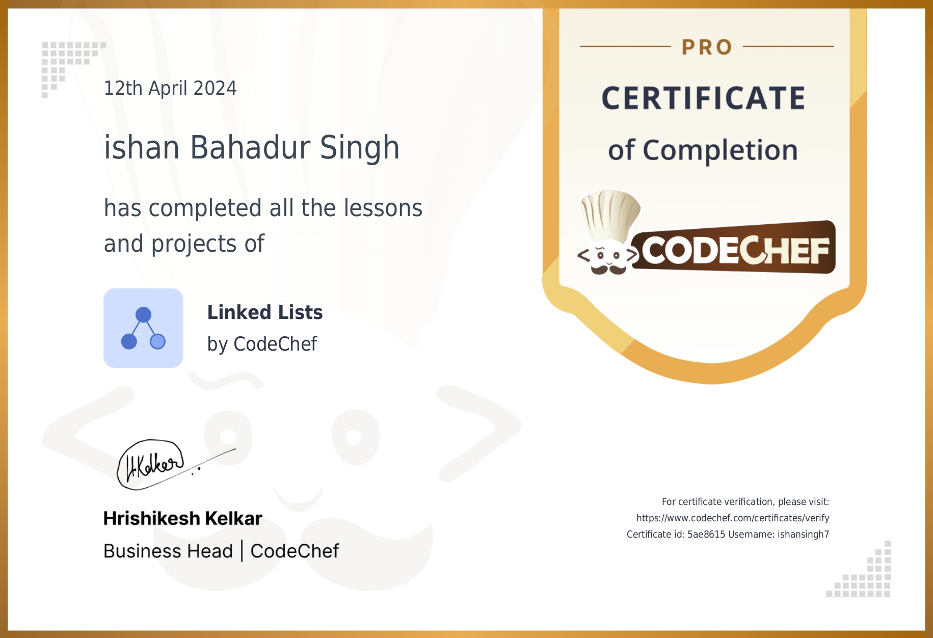 CodeCafe Linked List certificate