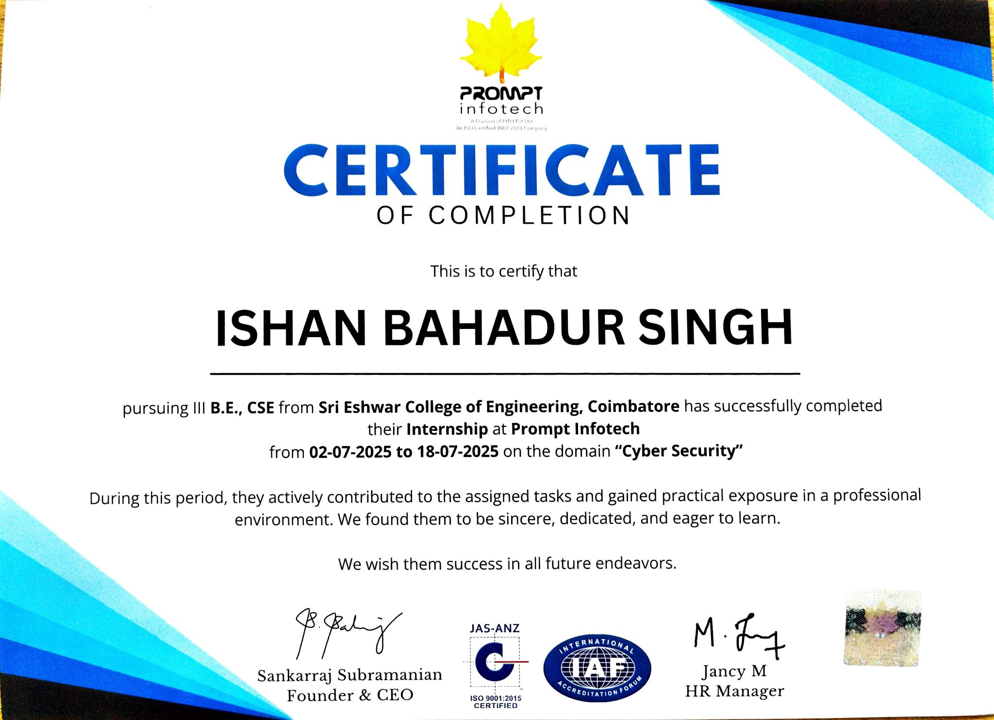 Cyber Security Internship certificate