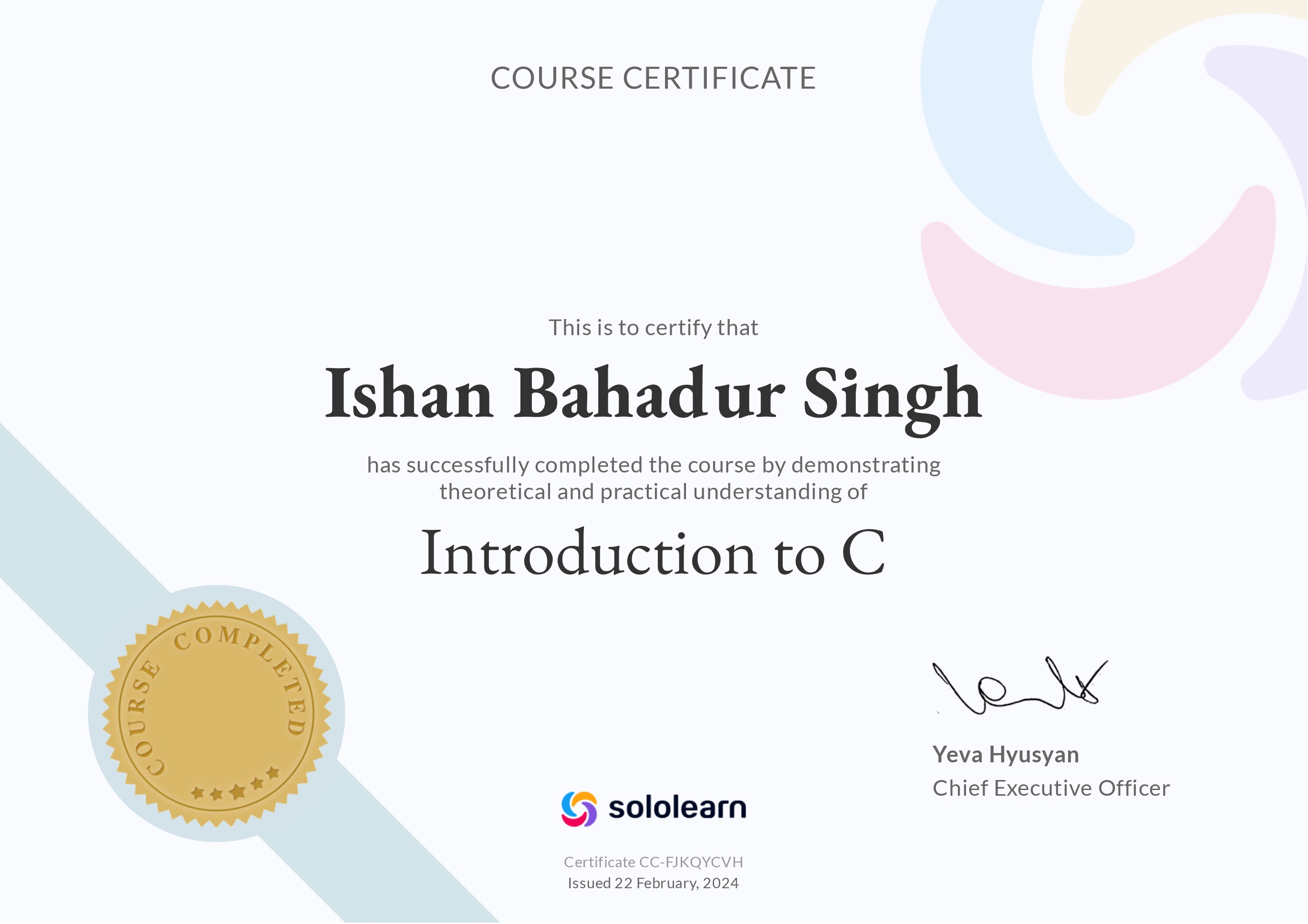 SoloLearn C certificate